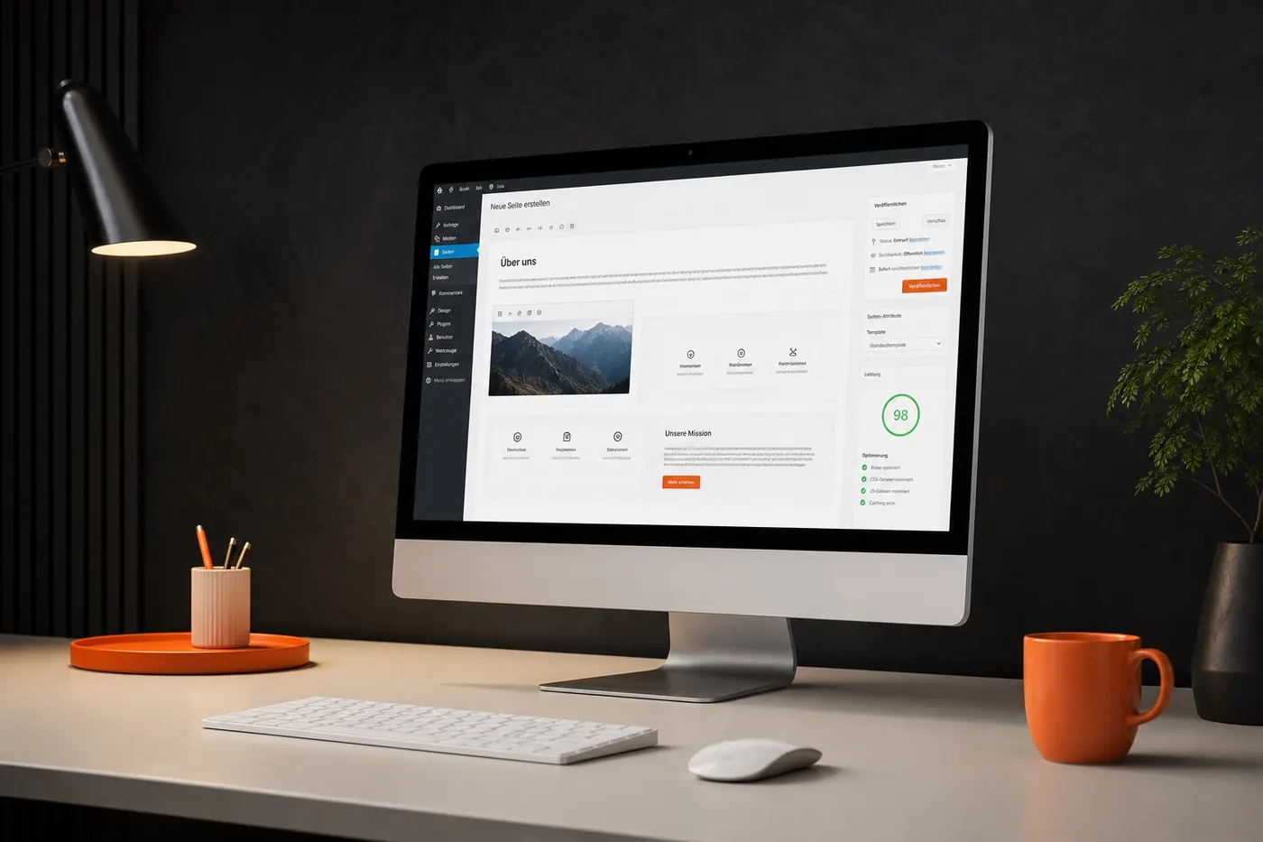 iMac mit WordPress-Seiteneditor und Performance-Anzeige in einem dunklen Studio